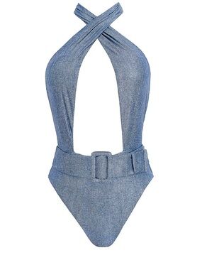 NWOT PQ Swim Belted Alex One Piece Swimsuit Indigo Denim Shimmer Medium